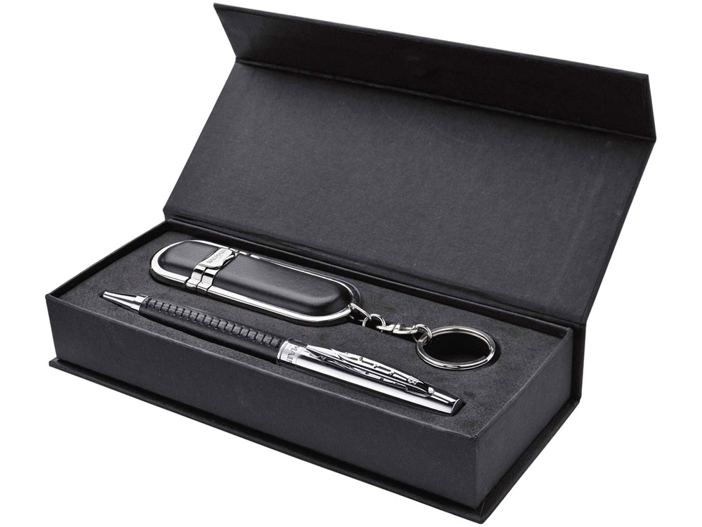 Набор "Bergerac" в подарочной коробке: ручка роллер и флеш-карта USB 2.0 на 4 GB,  черные чернила