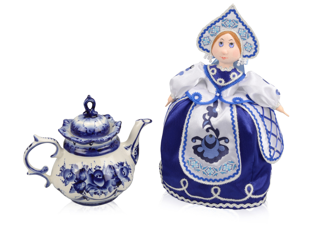 Набор "Гжель": кукла на чайник, чайник заварной с росписью