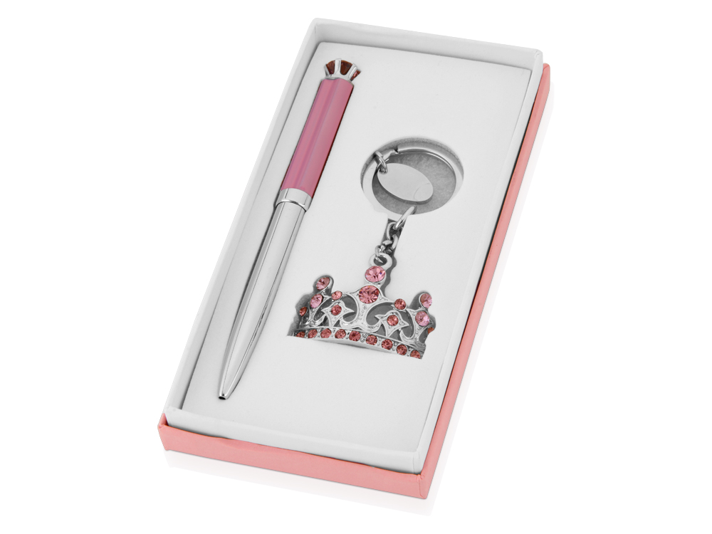Набор "Корона": ручка шариковая, брелок, розовый/серебристый