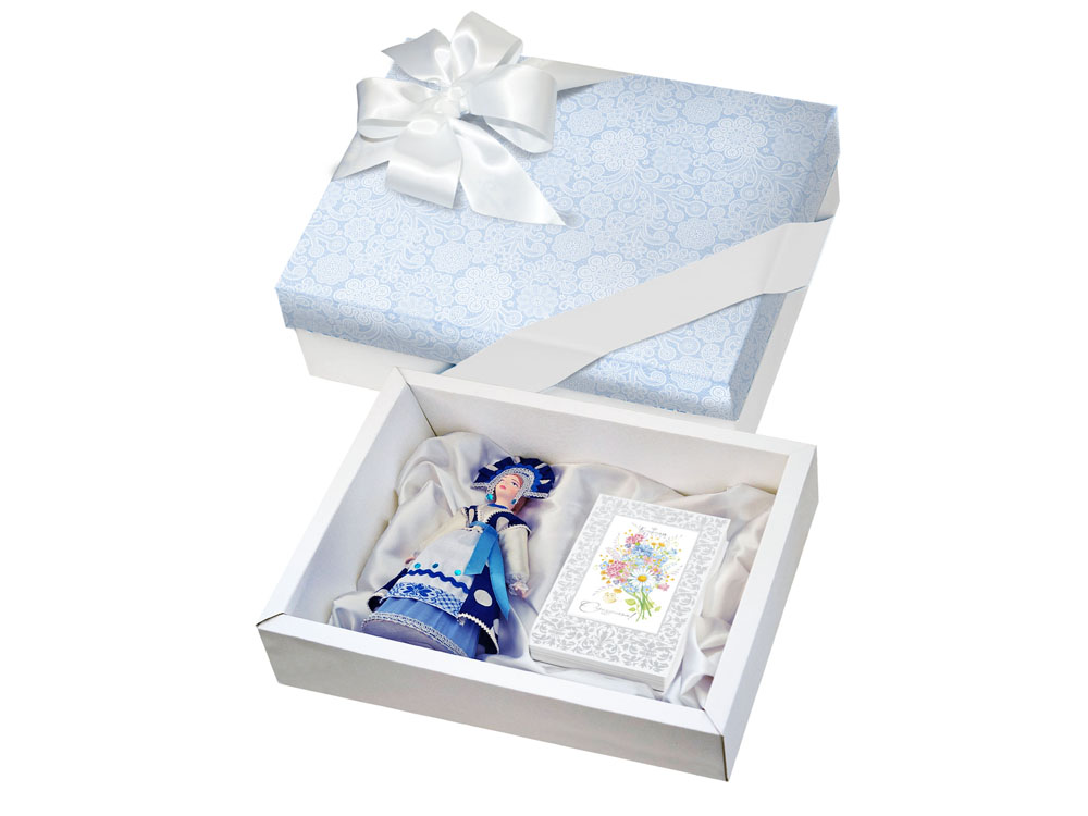 Набор "С 8 марта": кукла декоративная, шоколадные конфеты "Конфаэль", белый/синий